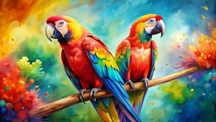 Vibrant Portrait of Two Colorful Parrots Perched on Branches Surrounded by a Stunning Watercolor Abstract Wash of Colors in a Tropical Paradise Setting