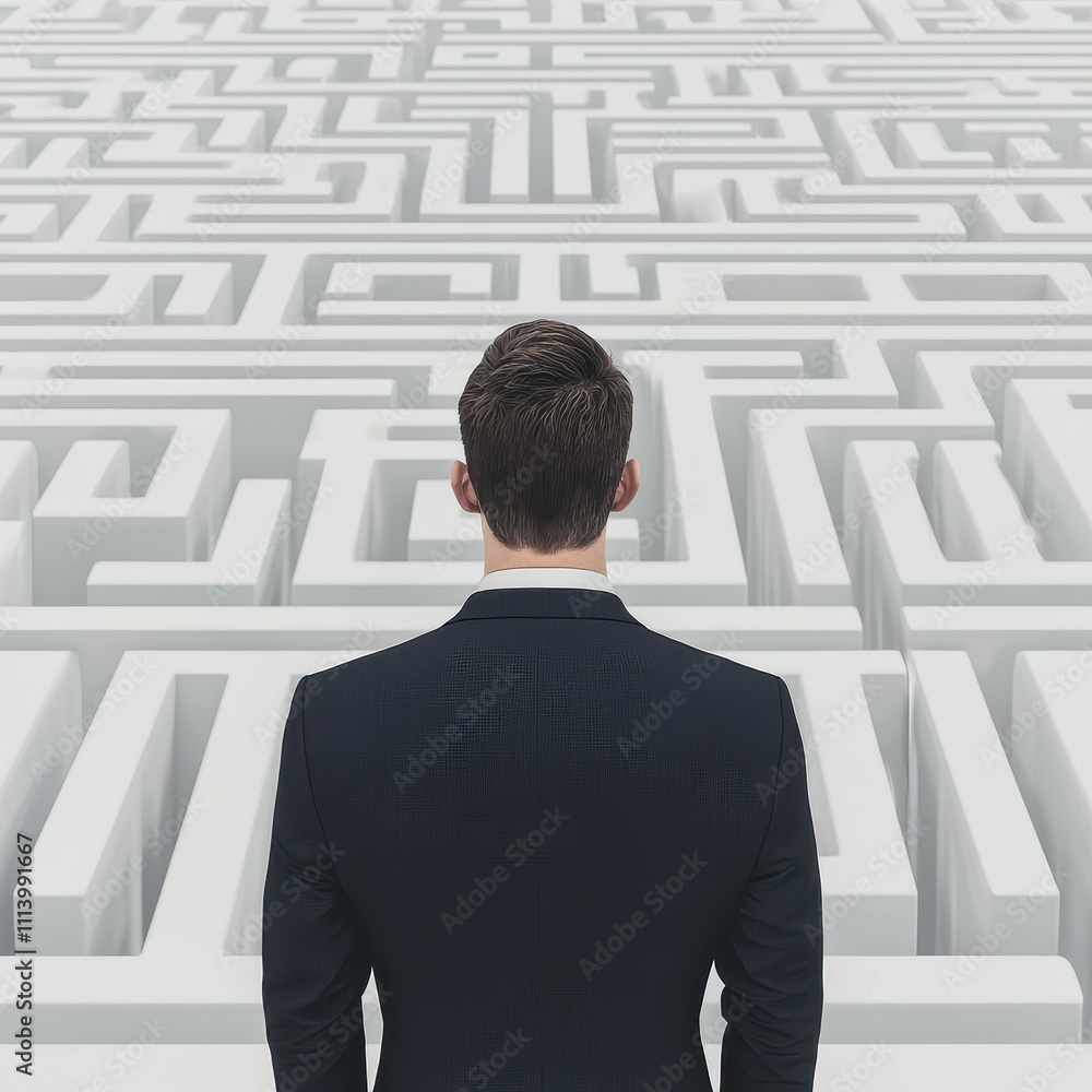 Poster businessman facing complex maze challenge solution path decision strategy problem solving