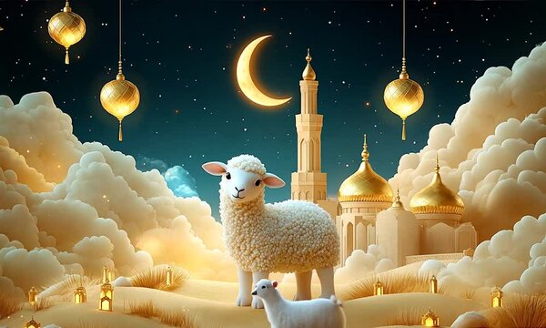 A sheep standing in front of mosque