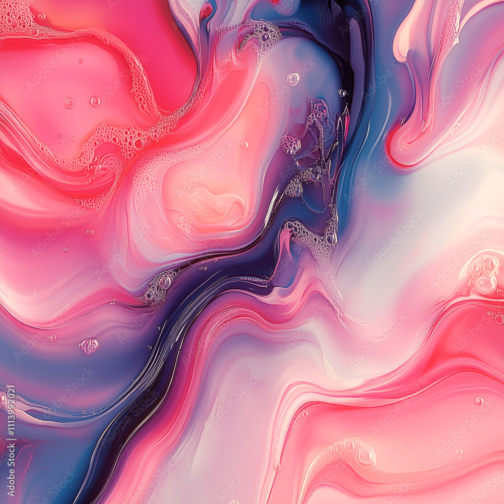 Poster Abstract illustration with wavy lines in delicate shades of pink, red and blue. Shapes intertwine to create deep, layered patterns with bubbles and smooth transitions that create an effect of movement
