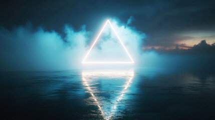 White Neon Glowing Triangle Over Reflective Surface in Foggy Night Atmosphere
