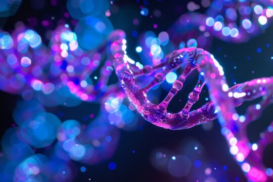 DNA strand manipulation under a microscope, A DNA strand displayed prominently against a blue background, illustrating the structure of genetic material.