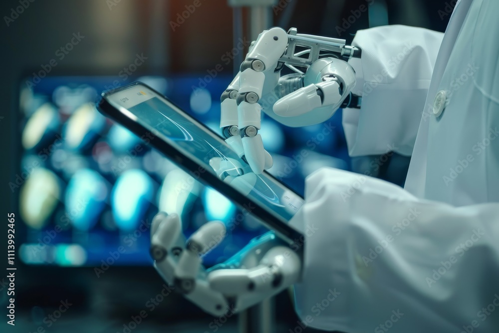 Poster a robot displays a tablet computer while standing in front of a large screen, showcasing advanced te