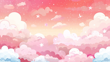 Sugar Cotton Pink Clouds Background: Vector design background featuring sugar cotton pink clouds. Glamour fairytale backdrop with a plane sky view, stars, and sunset. Watercolor style texture.