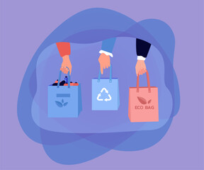 Hands of people holding eco bags or shoppers for groceries. Reusable, organic, ecological bags for food flat vector illustration. Zero waste, shopping concept for banner or landing web page