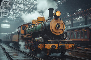 Obraz premium Vintage Steam Locomotive Engine Steaming In A Train Station