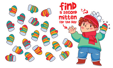 Find two same items. Find a second mitten for the boy. Find other pair. Educational game for kids. Funny cartoon character. Worksheet page. Vector illustration. Isolated on white background