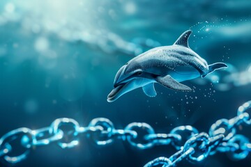 Fototapeta premium Dolphin jumping through hoops of blockchain, A dolphin swims in the ocean, encircled by chains, symbolizing captivity and the need for marine conservation.