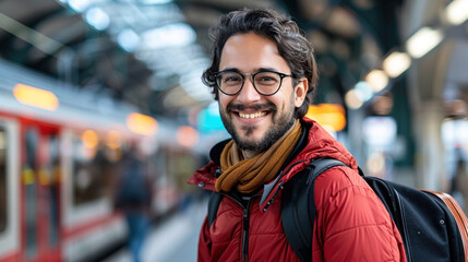 Fototapeta premium Happy traveler at a train terminal, radiating excitement, adventure, and anticipation for the journey ahead. travel, transportation, exploration, happiness of start of journey on station