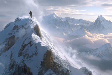 Climber reaches summit of snow-covered mountain at sunrise in breathtaking wilderness