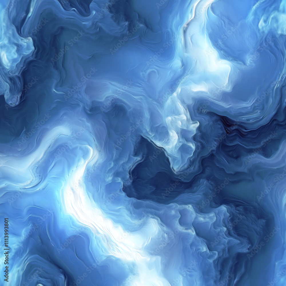 Poster Abstract illustration in cool shades of blue with flowing, layered waves and soft lines creating a sense of depth and movement