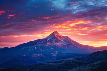 A stunning sunset casts warm hues over a mountain, partially obscured by fluffy clouds in the sky. Dramatic sunrise illuminating a mountain peak.