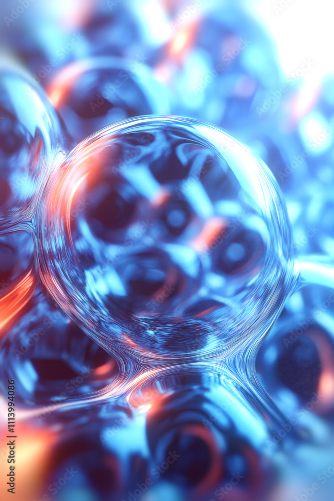 Aufkleber Abstract illustration of spherical glass shapes where transparent objects play with light, shimmering in blue and orange, with blur and sharpness creating a three-dimensional composition