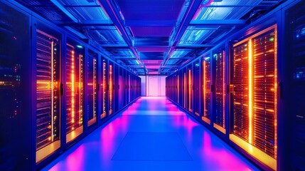 Fototapeta premium A long row of server racks in a data center, with glowing blue lights.