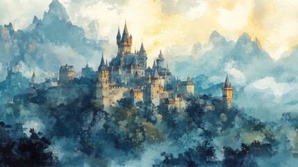 Fototapeta premium Majestic Castle in Misty Mountains