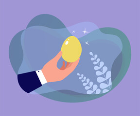 Hand of businessman holding shiny gold egg. Happy business opportunity and dividends for person flat vector illustration. Investment, income concept for banner, website design or landing web page