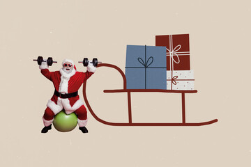 Creative retro 3d magazine collage image of happy old man santa claus hold dumbbell sit fitness...