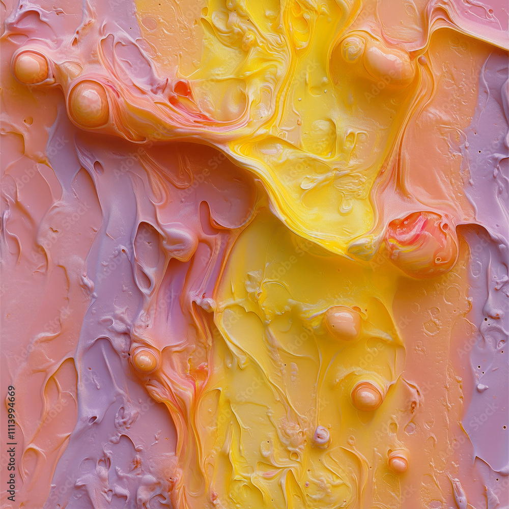 Poster An illustration in yellow and orange, resembling a molten surface, with layered curves that add volume and texture