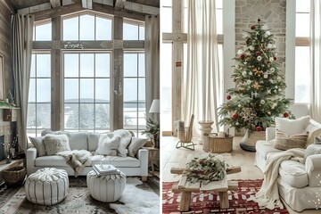 Cozy Winter Living Room Decor:  Transforming a Space with Rustic Charm,  Natural Textures, and a Festive Christmas Tree, Creating a Serene and Inviting Atmosphere for Relaxation and Holiday Cheer.
