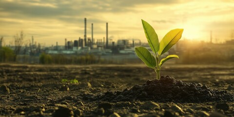 Industrial Regeneration A Young Plant Thriving Against the Backdrop of a Modern Industrial Complex.
