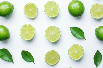 Halved lime with green leaf isolated on white background seen from above