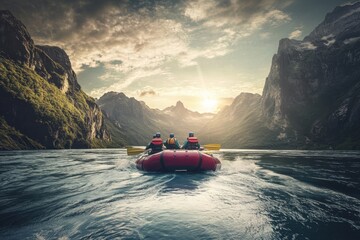 Adventurous rafting journey in stunning mountain landscape at sunset