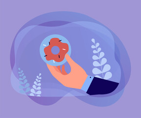 Hand of man holding donut. Male office worker eating biscuit or doughnut with candy sprinkles and icing for breakfast or coffee break while working flat vector illustration. Sweet food concept