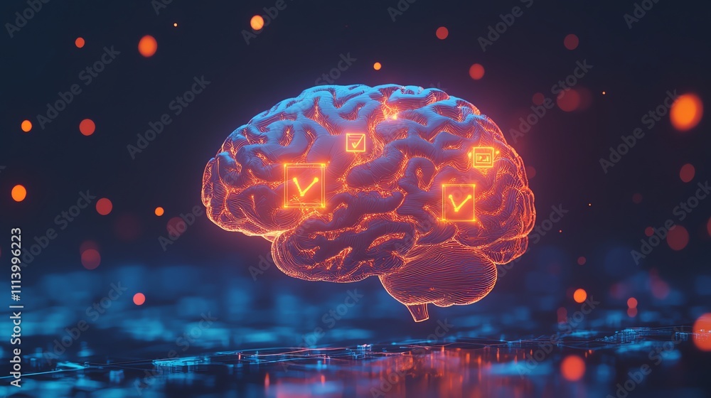 Aufkleber a glowing, digital brain with check marks, a concept image representing artificial intelligence.