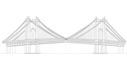 Fototapeta premium Technical CAD line drawing of a suspension bridge, showing the tension cables, towers, and cross-sectional details