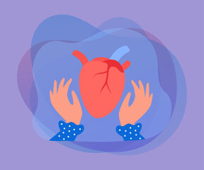 Hands of woman holding red heart organ of patient. Medical protection against diseases of cardiovascular system and support for vascular health flat vector illustration. Anatomy, cardiology concept