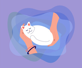 Hands of female pet owner holding cat. Hug and care for little furry friend from girl flat vector illustration. Love for animals, adoption concept for banner, website design or landing web page