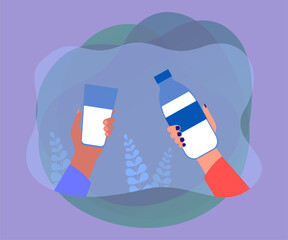 Hands holding bottle of milk and glass. Man and woman drinking healthy beverage with vitamins, calcium flat vector illustration. Nutrition, diet concept for banner, website design or landing web page
