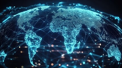 Fototapeta premium Earth globe telecommunication and data transfer networks with global internet and artificial intelligence connectivity for communication technology
