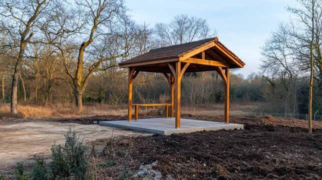 Wooden Gazebo Structure In A Winter Woodland Setting