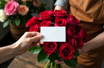 Elegant mockup featuring a blank card against a vibrant red rose bouquet at a flower shop. Ideal for Valentine's Day promotions, gifting templates, and floral-themed branding projects