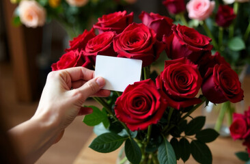 A beautiful bouquet of red roses with a hand holding a blank card, ideal for Mother's Day promotions, flower delivery services, or heartfelt gifting ideas for special occasions