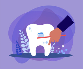 Human hand holding toothbrush with toothpaste to clean tooth. Tiny persons healthy dental care flat vector illustration. Oral hygiene, health concept for banner, website design or landing web page