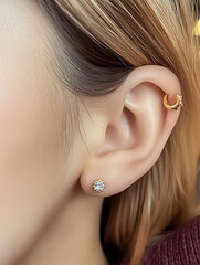 Close up of woman ear showcasing labret piercing and stud earring, highlighting elegance of jewelry and personal style