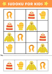 Winter activity sheet. Sudoku logical reasoning activity for kids. Fun sudoku puzzle with cute winter clothing illustration. Children educational activity worksheet.