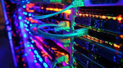 A close up of a server rack in a data center.