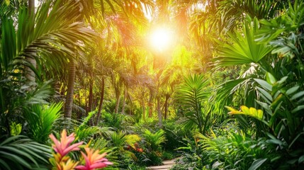 Fototapeta premium Lush Tropical Paradise Path Sunlight Green Leaves