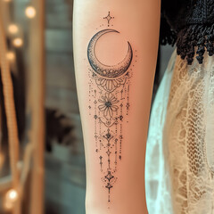 Obraz premium beautiful delicate henna design featuring crescent moon and floral elements, adorned with intricate details and sparkling stars, perfect for body art enthusiasts