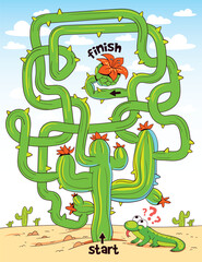 Children logic game to pass the maze. Help the lizard through the cactus maze. Educational game for kids. Choose right path. Funny cartoon character. Worksheet page