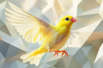 Canary bird spreading wings on low poly structure   