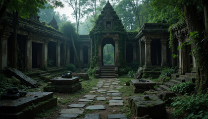 Fototapeta premium Haunting Thai temple ruins embraced by lush greenery in a mystical, atmospheric setting