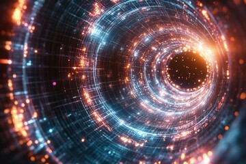 Abstract Glowing Tunnel of Light and Data Digital Vortex