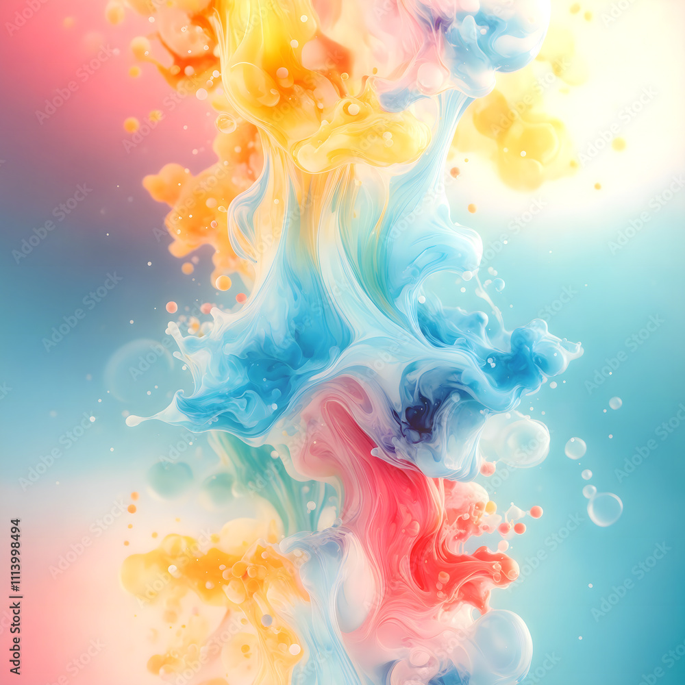Poster abstract composition with colored clouds intertwining and blending, reminiscent of ink streaks or so