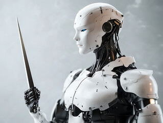humanoid robot with human like face, dressed in medieval attire, holds sword. design features sleek metallic surfaces and intricate details, evoking blend of technology and history