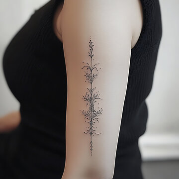 Elegant black unalome henna design on arm, showcasing intricate floral patterns and delicate details. This artistic piece symbolizes spiritual growth and enlightenment