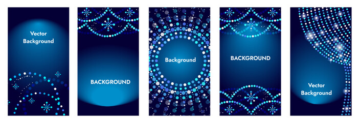 Vector collection of festive blue backgrounds with light decoration. Christmas luxurious banners, story, posters, design templates on social networks with sparkling garlands and snowflakes.